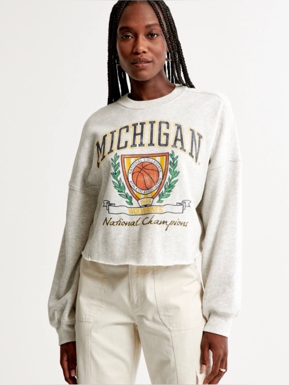 Abercrombie & Fitch Soft AF Gray Michigan 'Wolverines' Cropped Sweatshirt